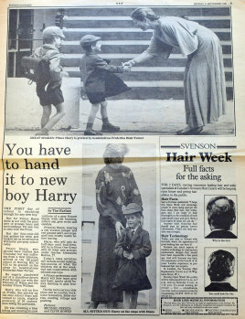 Princer Harry’s first day at school reported by Tim Barlass in the Evening Standard dated September 11, 1989. 