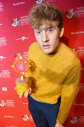 James Acaster with his award for the most outstanding show at the 2019 Melbourne International Comedy Festival.