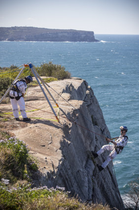 The NSW Police Rescue and Bomb Disposal Unit undertake a re-enactment of the rescue of the lone survivor from the cliff face at South Head.