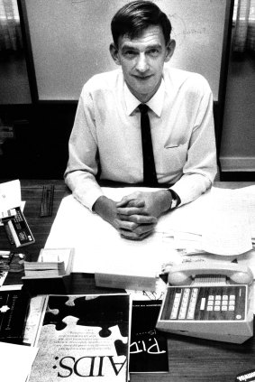 1985: David Bradford in his office at the Melbourne Communicable Diseases Centre in Little Lonsdale Street.