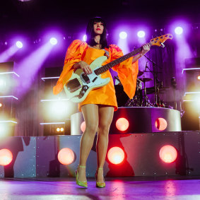 Laura Lee Ochoa on stage with Khruangbin at the Sidney Myer Music Bowl in 2022.