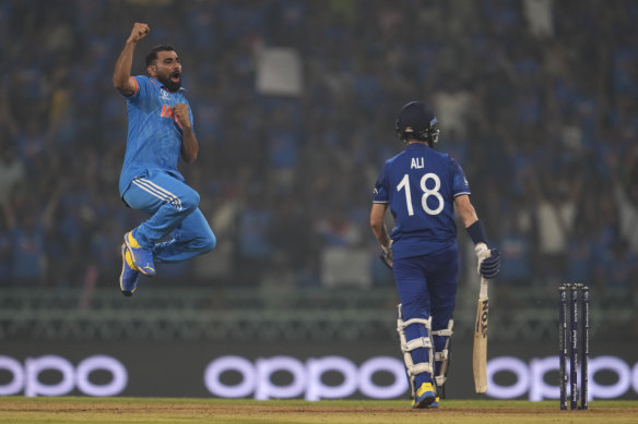 Mohammed Shami celebrates with wicket of Moeen Ali.