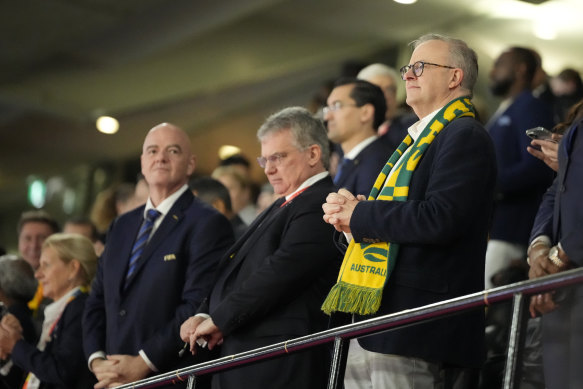 FIFA president Gianni Infantino (left), Football Australia chair Chris Nikou and Australian Prime Minister Anthony Albanese at the World Cup semi-final.