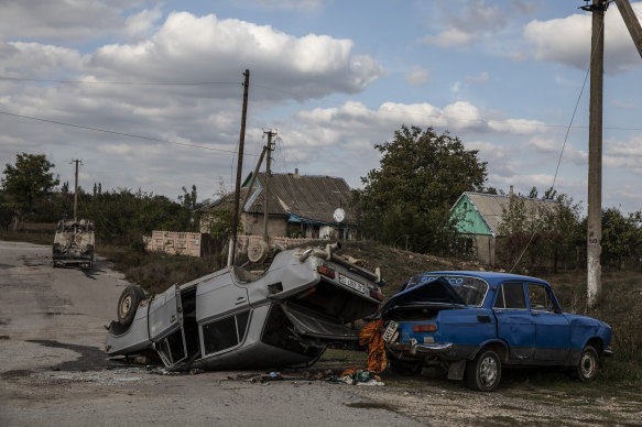 Damaged vehicles in the Kherson region in October.