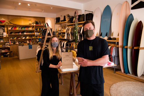 Jason Langendam and Natasha Leywood at their surf shop Keel Surf & Supply in Freshwater. 