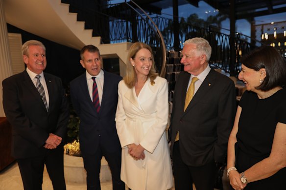 Opposition leader Kellie Sloane with former Liberal premiers Barry O’Farrell, Mike Baird, Nick Greiner and Gladys Berejiklian at a Sydney fundraiser. 