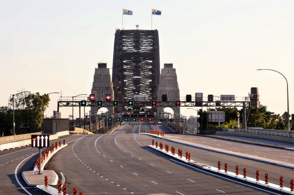 An empty Sydney Harbour Bridge during the COVID-19 shut down.