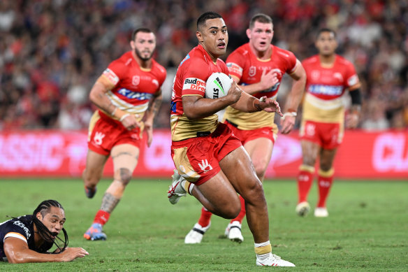 Connelly Lemuelu, seen here making a break against the Brisbane Broncos at Suncorp, has been a revelation for the Dolphins in the first four rounds.