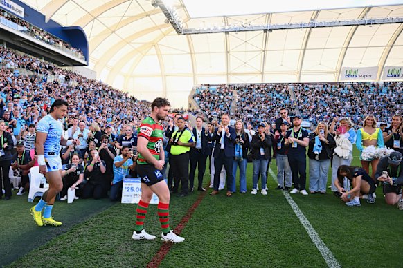 Jai Arrow walks out for game 99 for the Rabbitohs.