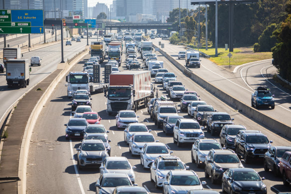 Traffic in Port Melbourne on Tuesday morning as four of the five outbound lanes on the West Gate Bridge were closed for works.