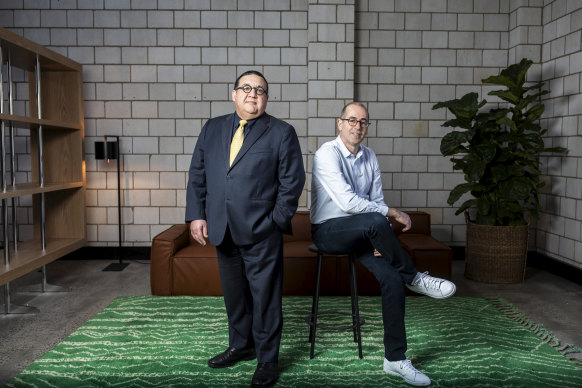 Paul Bassat, right, has again won backing from the hospitality superannuation fund, Hostplus. Its chief investment officer is Sam Sicilla (left). 