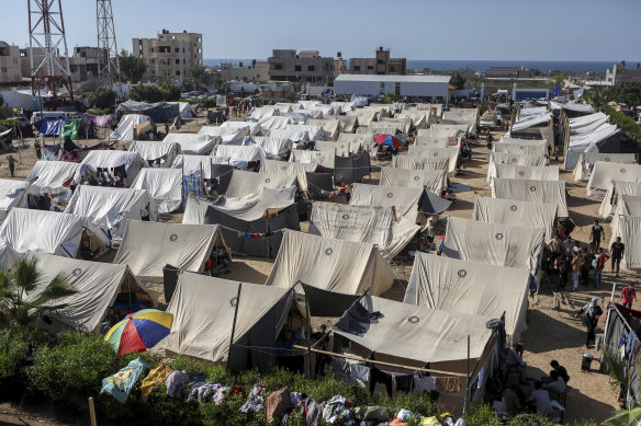 Tents provided by the United Nations for people who fled their homes as a result of Israeli airstrikes in the Khan Younis Training Centre in the southern Gaza Strip, pictured in October.