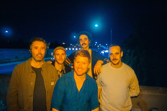 Fran Keaney, Marcel Tussie, Joe White, Joe Russo and Tom Russo of Rolling Blackouts Coastal Fever in 2022.