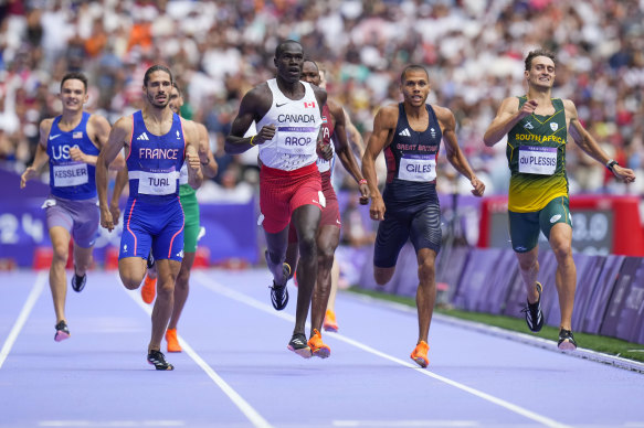 Marco Arop wins a men’s 800-metre semi-final at the 2024 Summer Olympics.