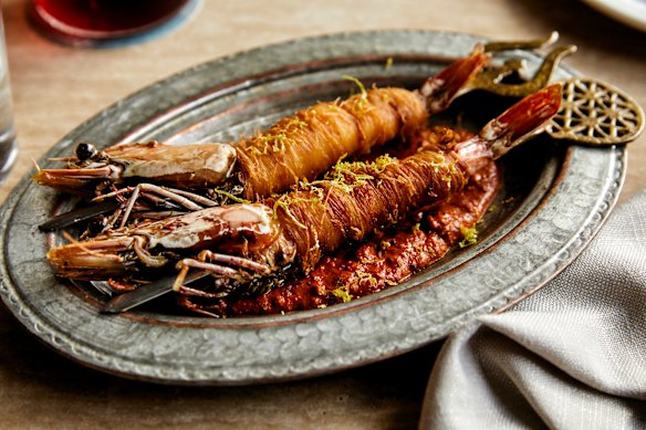 Skull Island king prawns with kataifi and muhammara.