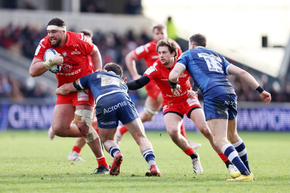 Emmanuel Meafou on the charge for Toulouse against Sale in the European Champions Cup.