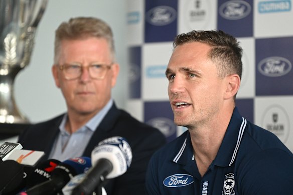 Cats chief executive Steve Hocking with Joel Selwood at Selwood’s retirement pres conference in 2022.