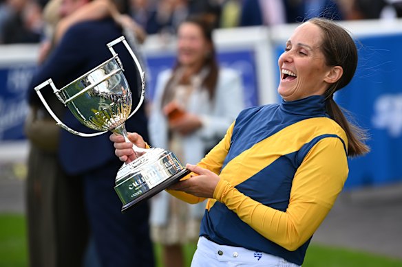 Rachel King celebrates winning the Caulfield Guineas on Warwoven for trainer Bjorn Baker.