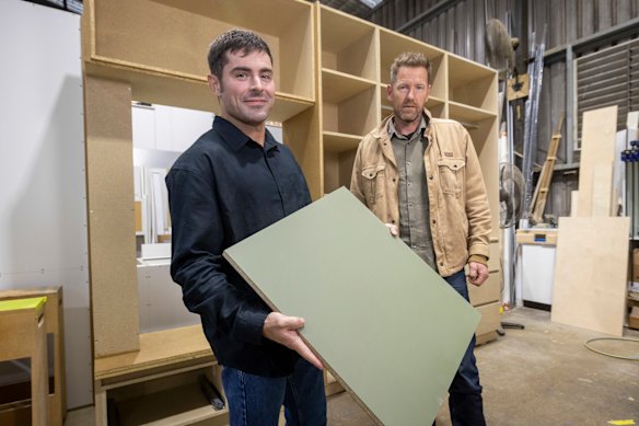 Actor Zac Efron and designer Joost Bakker with some of the hemp board to be used in the actor’s home.