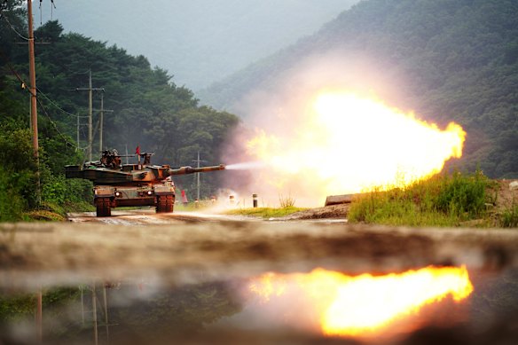 A South Korean army K1A2 tank fires during a drill as part of the annual the Ulchi Freedom Shield joint military exercise in Cheorwon, South Korea, in 2023.