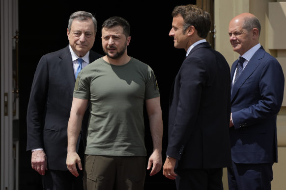 From left, Italian Prime Minister Mario Draghi, Ukrainian President Volodymyr Zelensky, French President Emmanuel Macron and German Chancellor Olaf Scholz together in Kyiv on Thursday,