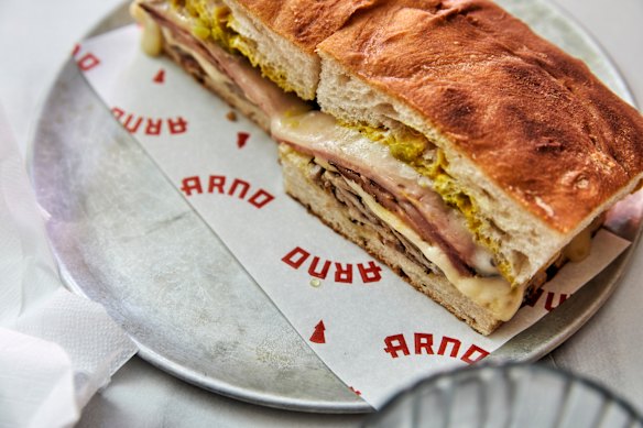 Grilled mortadella and provolone slider.