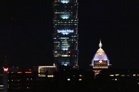 The Taipei 101 skyscraper displays a welcome message ahead of US Speaker of the House Nancy Pelosi.