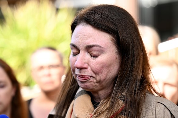 Anderson’s mother, Tabitha Acret, speaks to media outside court after sentencing.