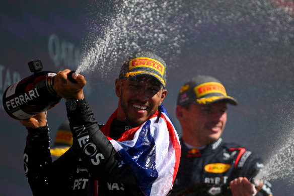 Lewis Hamilton toasts breaking a long F1 drought.