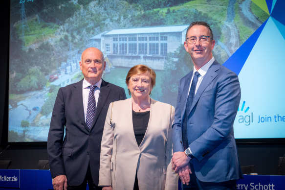 AGL chair-elect Miles George, chair Patricia McKenzie and chief executive Damien Nicks.