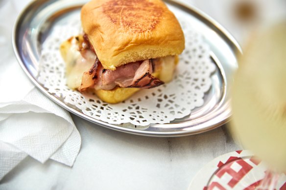 Grilled mortadella and provolone slider.