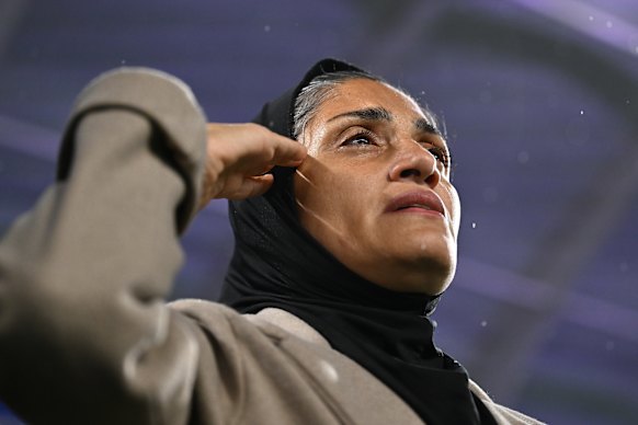 Iran coach Marziyeh Jafari salutes during the anthem ahead of Iran’s final match against the Phillipines on Sunday evening.