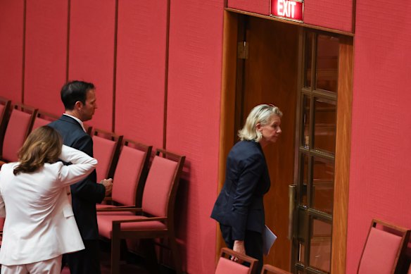 The Nationals’ senators, including Bridget McKenzie, Matt Canavan, and Susan McDonald leaving the chamber.