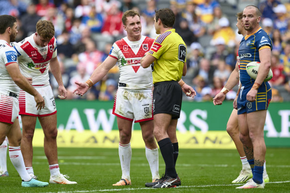 Jacob Liddle argues about the Dragons being denied what should have been a try.