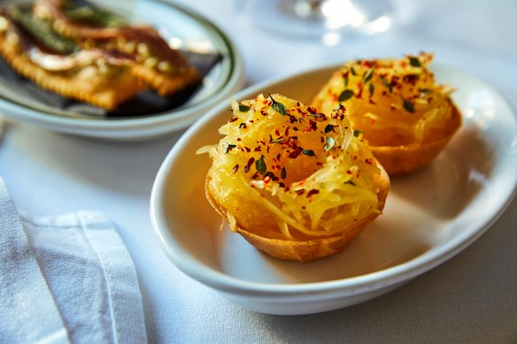 Jersey curd and spaghetti squash tartlets.