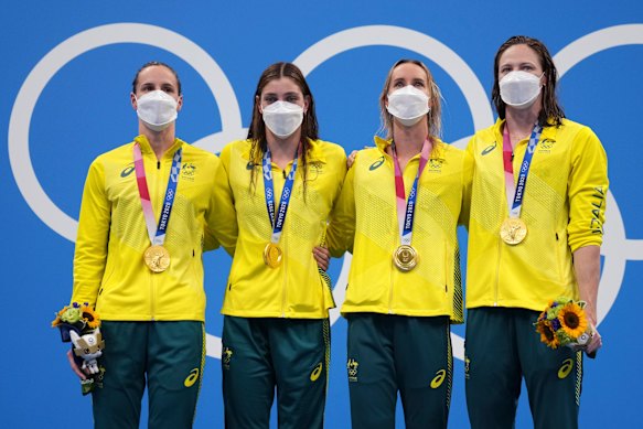 Australia’s women’s 4x100m freestyle relay team, who won gold on the first day of competition in Tokyo.