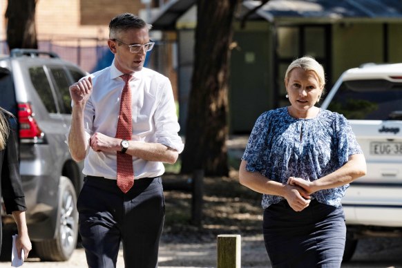 Dominic Perrottet and his wife Helen in Parramatta in early March.