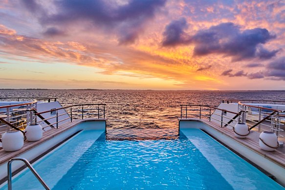 The pool deck at sunset.