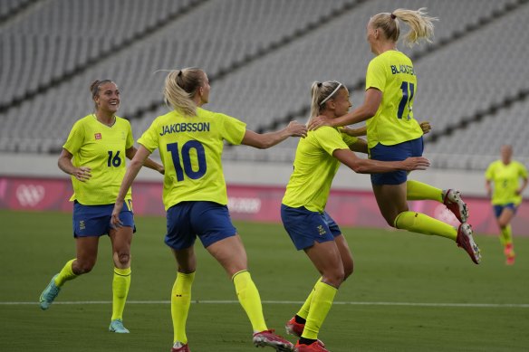 Sweden’s Stina Blackstenius, right, celebrates scoring her side’s opening goal against United States