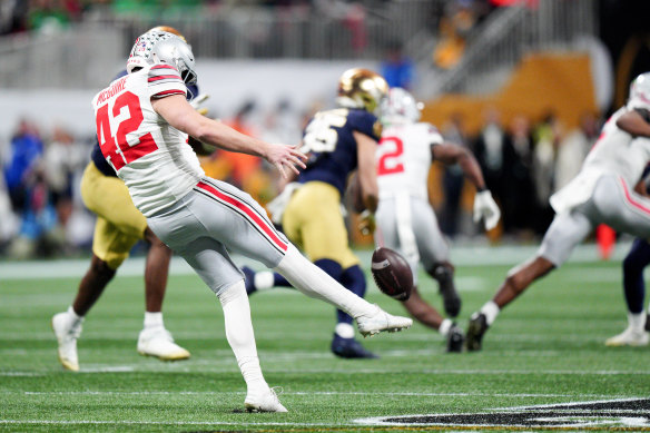 Ohio State punter Joe McGuire plays against Notre Dame during second half of the College Football Playoff national championship game 