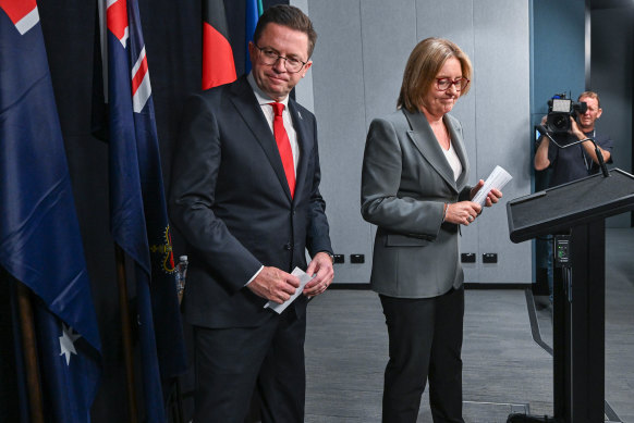 Premier Jacinta Allan and Police Minister Anthony Carbines announcing Patton’s departure.