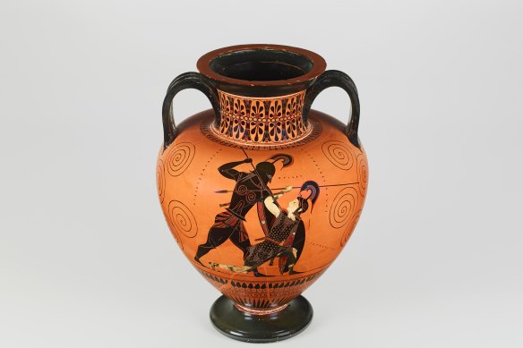 Amphora,  Achilles slaying Penthesilea, signed by Exekias as potter and attributed to him as painter about 540-530 BCE. 