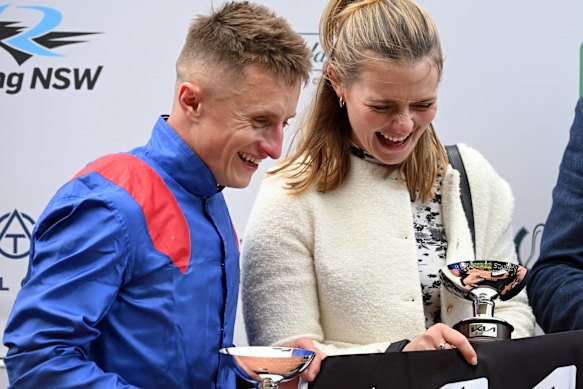 Issy Paul, right, with jockey Tom Marquand after Dubai Honour’s in the Tancred Stakes