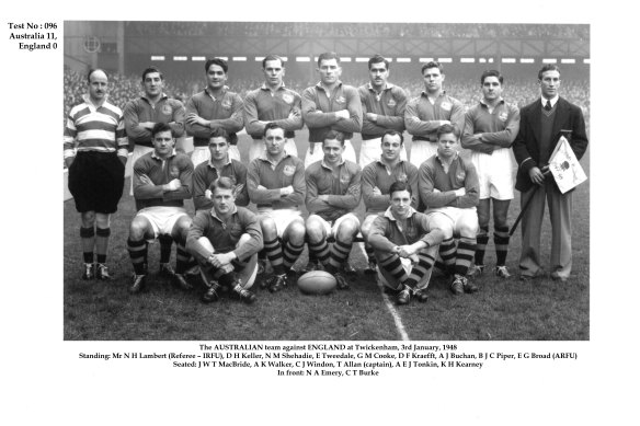 The Wallabies team ahead of their Test against England at Twickenham in 1948. Tweedale is back row, fourth from the left.