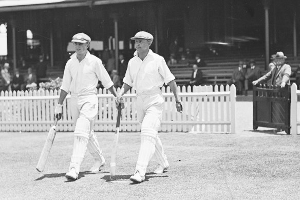 New South Wales batsmen Don Bradman and Sid Barnes going out to bat, Sydney, 6 January 1930