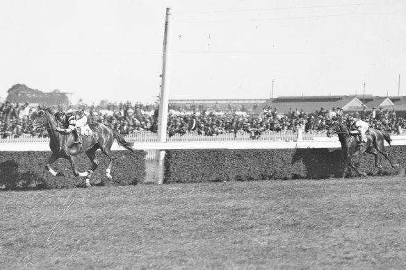 Race horse Phar Lap passes the finish post at Randwick races, Sydney,  on October 9, 1929
