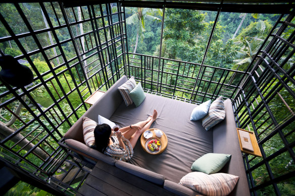 Cushioned comfort in the steel cage gazebos at Ubud’s Hoshinoya Resort.