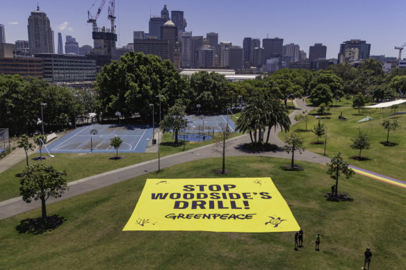 A protest banner placed outside the office of the federal environment minister on Friday. 
