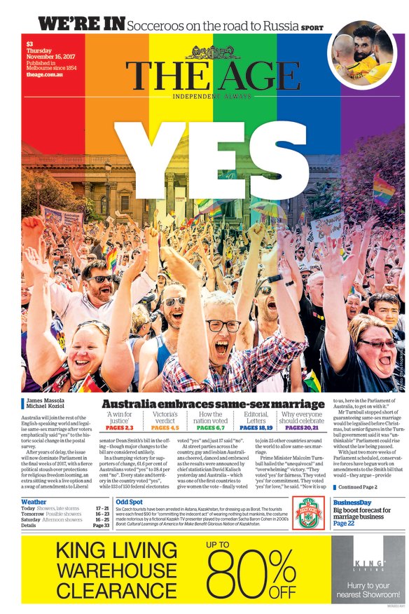 The Age’s front page on November 16, 2017.