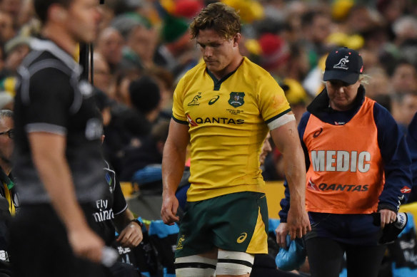Blow: Michael Hooper limps off during the Wallabies Test defeat by Ireland.